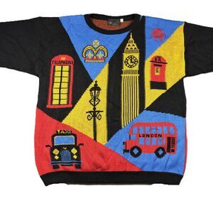 Selena Faye Women Vintage 80s Sweater Novelty London Taxi Telephone Bus XL L237